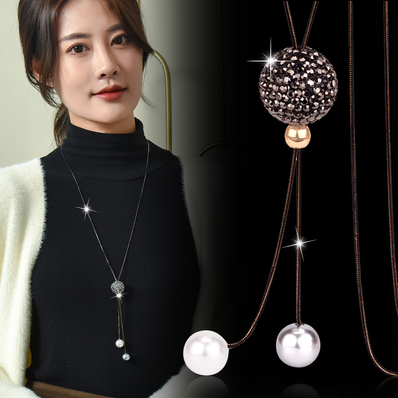 Women Jewelry Accessories For Black Dress - Zwarte Kristallen Bol Lange Ketting Voor